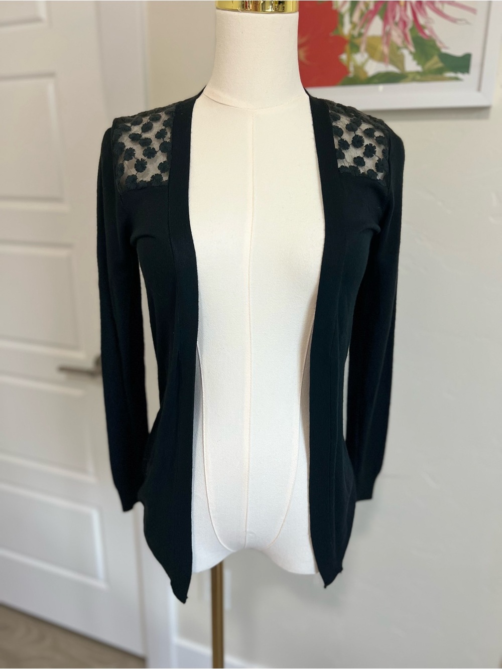 Women's Black Open Cardigan with Sheer Lace Shoulders and Back Panel🌷